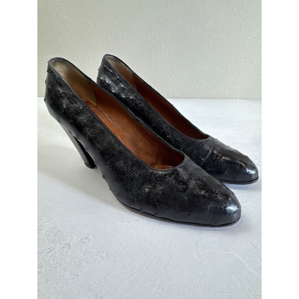 Vintage Maralolo Black Ostrich Pumps Leather Heels 7.5‎ Boss Old Money Classic